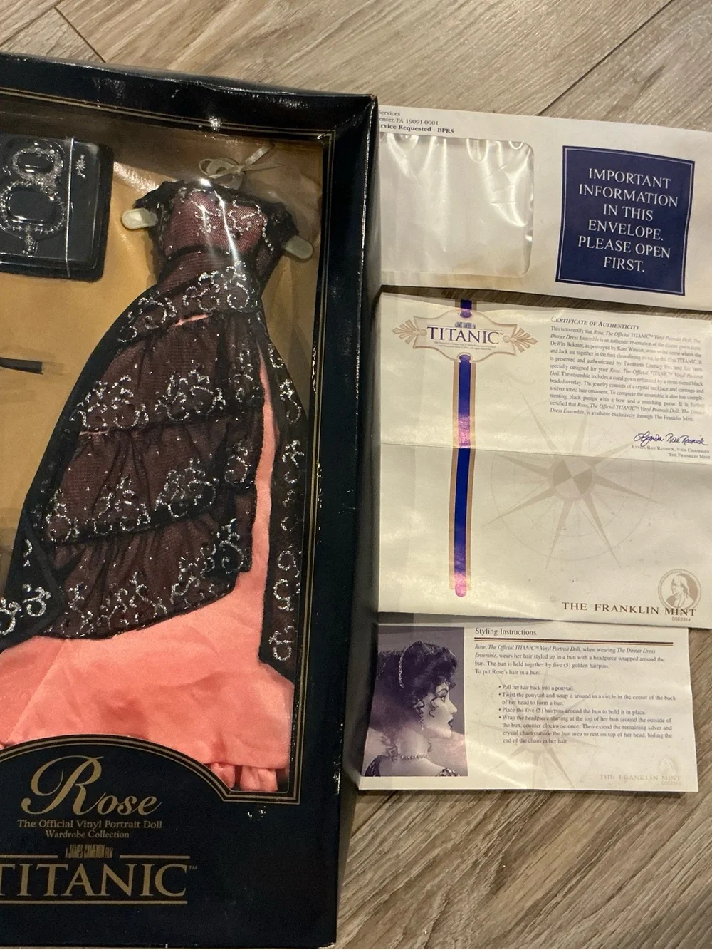 NIB Franklin Mint Rose Doll Titanic Pink & Black Dinner Dress Outfit w/C.O.A.